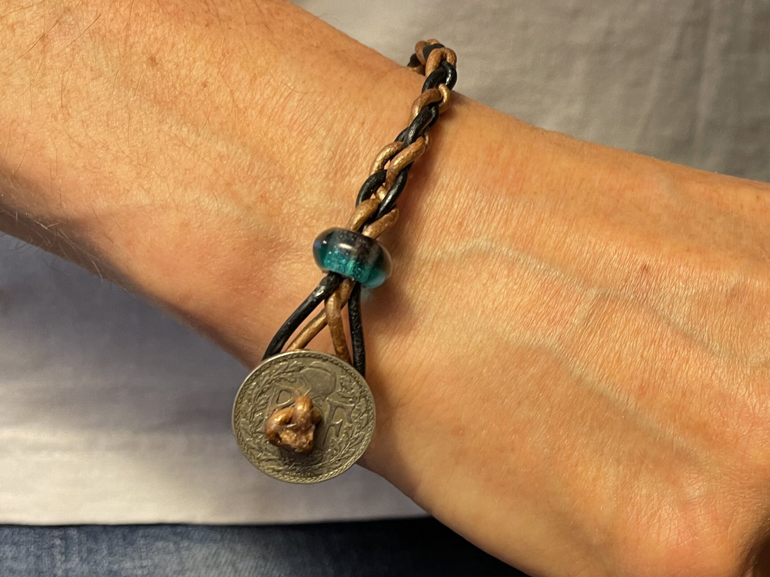 Fathers Day braided leather genuine world coin charm (ten centime French coin) bracelet Czech glass