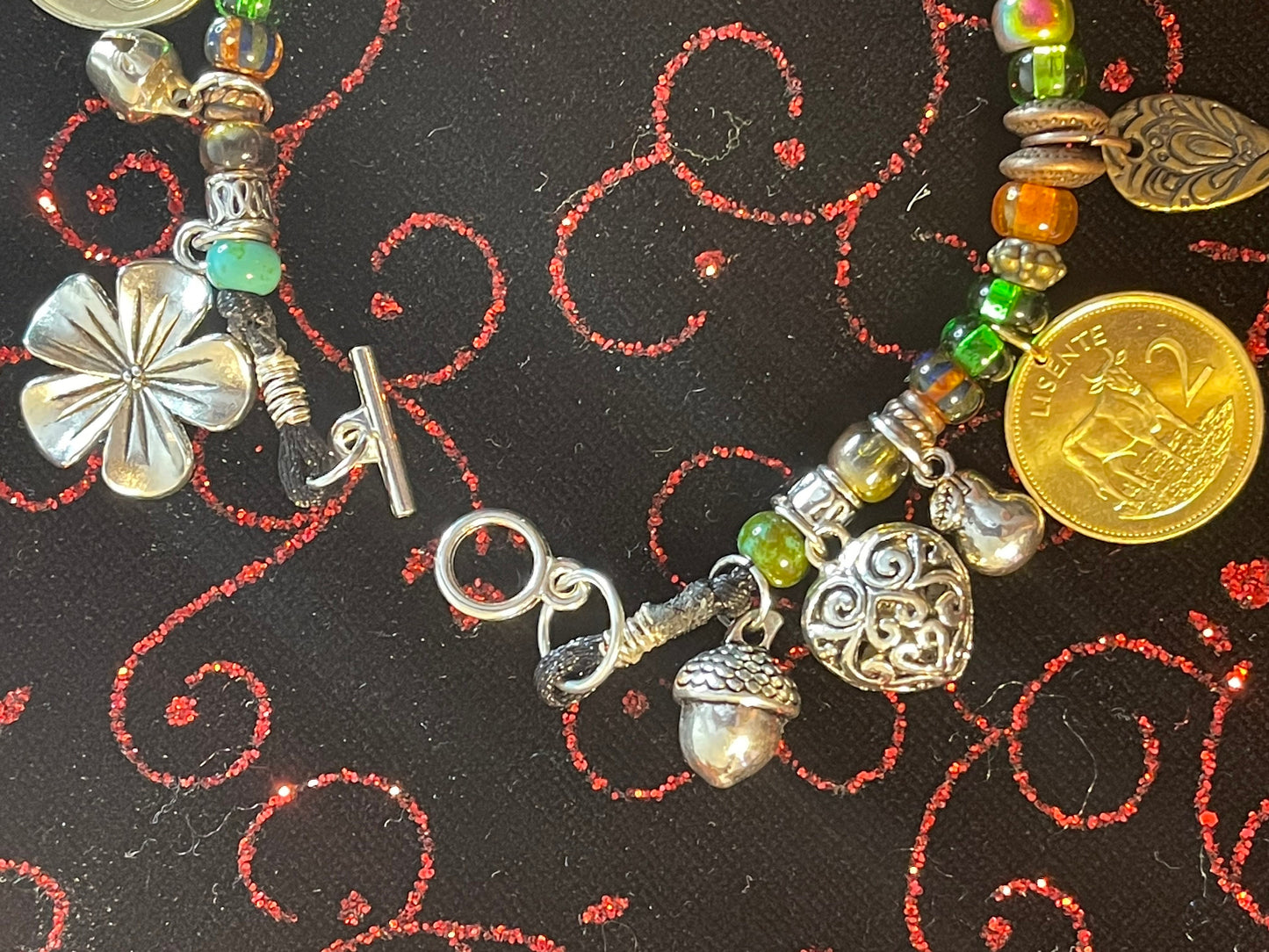 Taurus/Ferdinand the Bull genuine world coin jingle charm bracelet (flower–bell–tinkly heart–bee–moon) Czech glass, silver toggle (zodiac)