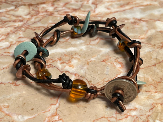Unisex handcrafted two-strand leather bracelet + necklace set with genuine 1930's French and Belgian coins and stylish beads