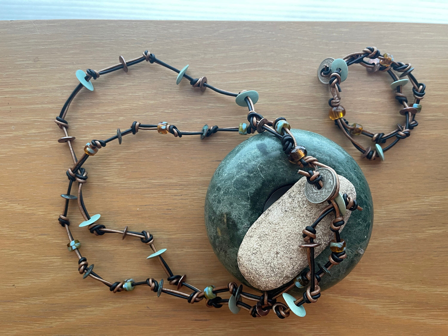 Unisex handcrafted two-strand leather bracelet + necklace set with genuine 1930's French and Belgian coins and stylish beads