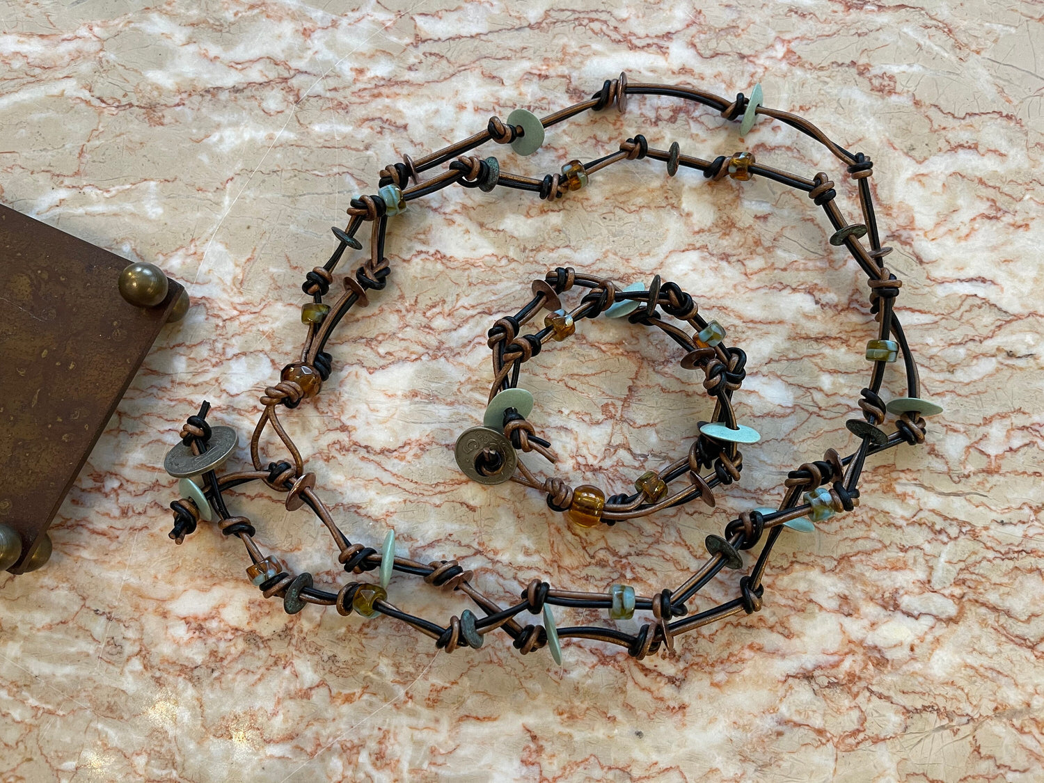 Unisex handcrafted two-strand leather bracelet + necklace set with genuine 1930's French and Belgian coins and stylish beads