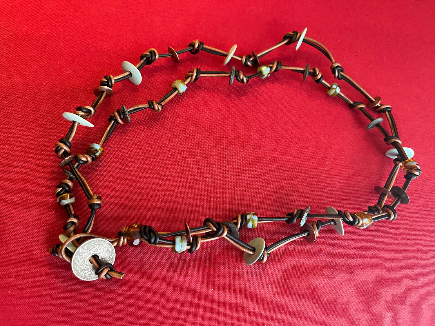 Unisex handcrafted two-strand leather bracelet + necklace set with genuine 1930's French and Belgian coins and stylish beads