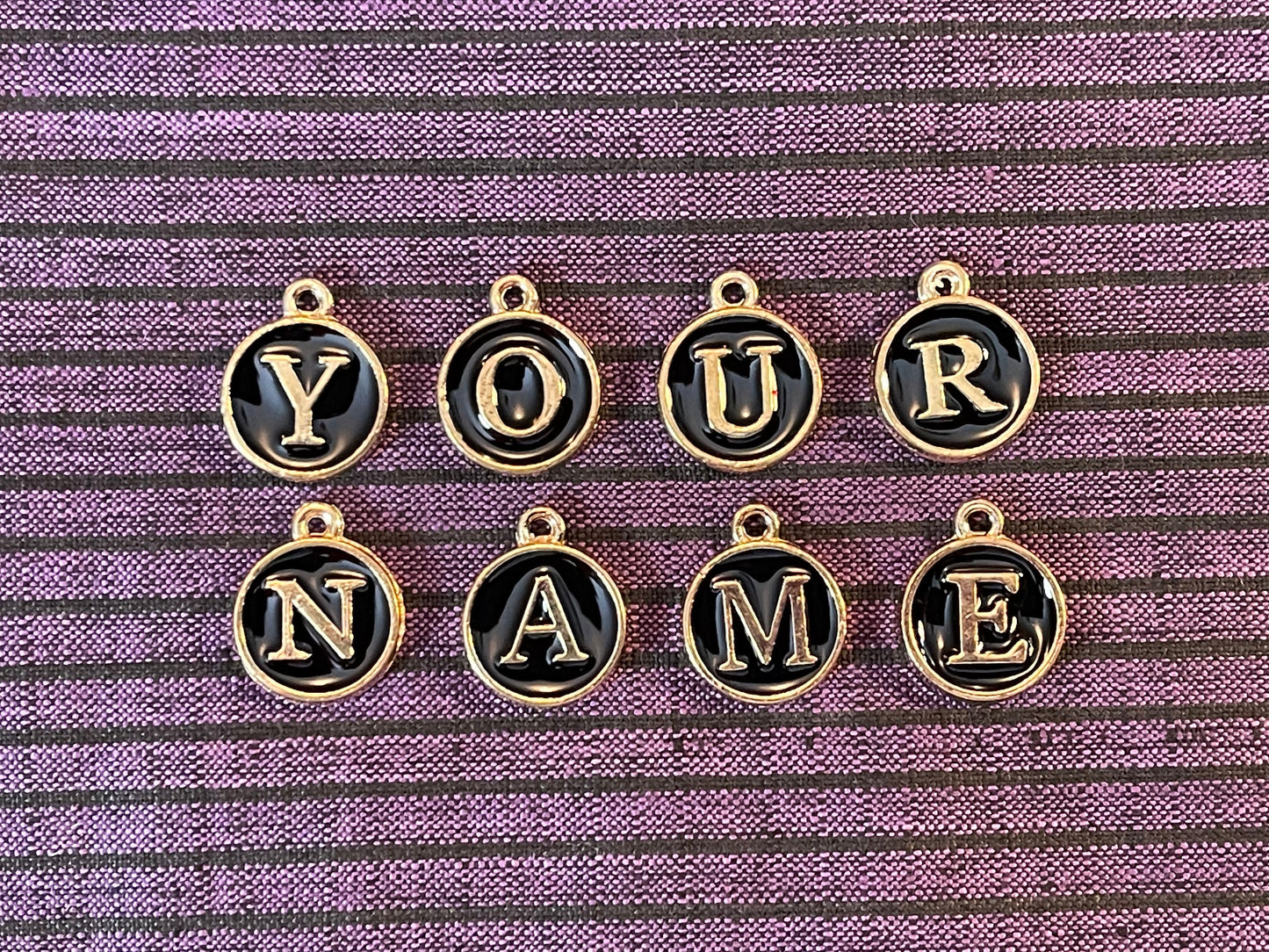 Letter charms–choose black, white, blue, pink, red, yellow, purple or green. Spell name, initials (double sided enamel alphabet jewelry)