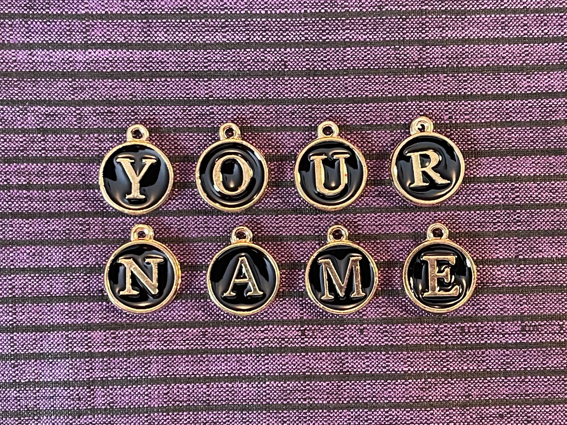 Letter charms–choose black, white, blue, pink, red, yellow, purple or green. Spell name, initials (double sided enamel alphabet jewelry)