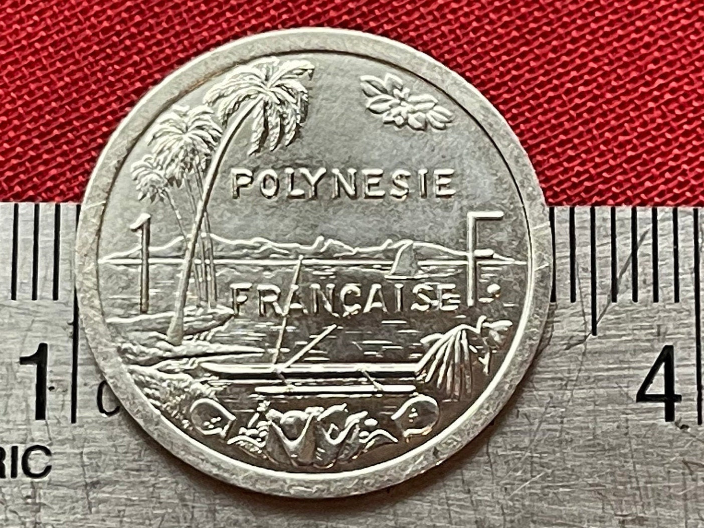 Tahiti Beach 1 Franc, Outrigger Canoe, Sailboat & Liberty on Throne French Polynesia Authentic Coin (South Pacific Island) (Marquesas)