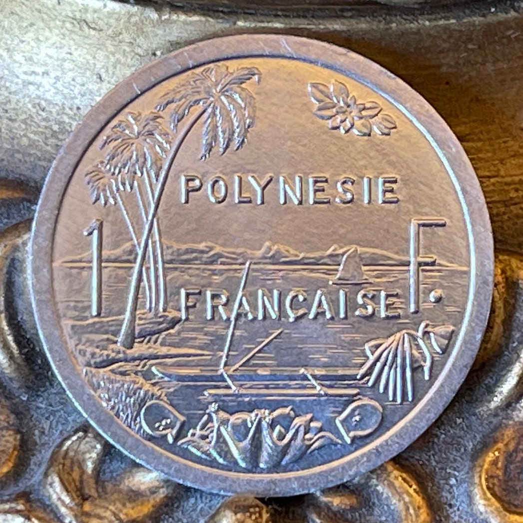 Tahiti Beach 1 Franc, Outrigger Canoe, Sailboat & Liberty on Throne French Polynesia Authentic Coin (South Pacific Island) (Marquesas)