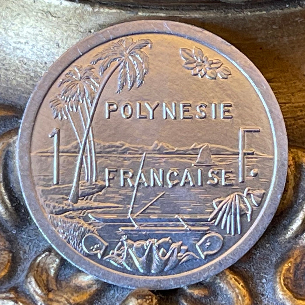 Liberty on Throne 1 Franc & Tahiti Beach Paradise French Polynesia Authentic Coin Money (South Pacific Island) (Sailing) (Marquesas) (Canoe)