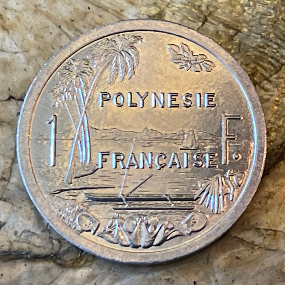 Tahiti Beach 1 Franc, Outrigger Canoe, Sailboat & Liberty on Throne French Polynesia Authentic Coin (South Pacific Island) (Marquesas)