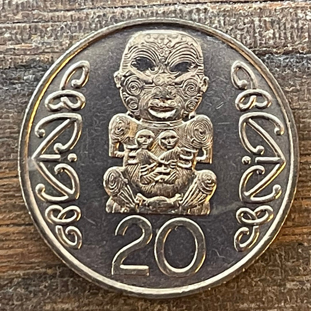 Chief Pūkākī and Two Sons 20 Cents New Zealand Authentic Coin Money for Jewelry and Craft Making (Maori Woodcarving) (Te Arawa)