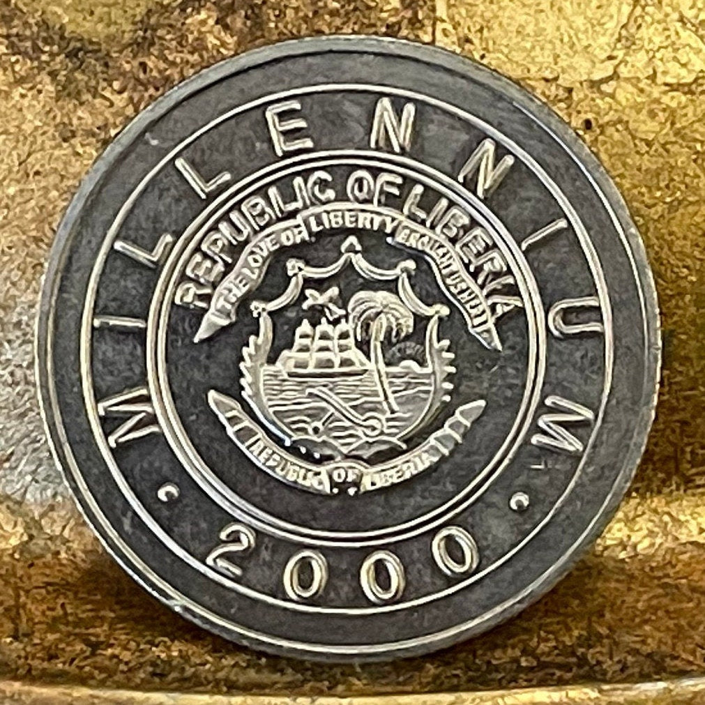 Year of the Dragon 1 Dollar Liberia Authentic Coin Money for Jewelry (Palm Tree at Beach) (Freedom Ship) (Millenium) (2000) (Millennials)