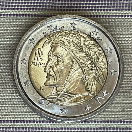 Poet Dante Alighieri 2 Euro Italy Authentic Coin Money for Jewelry and Craft Making (Divine Comedy) (Bimetallic)