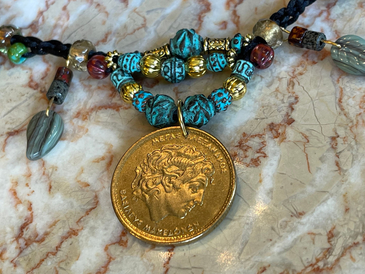 Alexander the Great genuine Greek coin pendant necklace, Czech glass leaves, copper beads (green patina) fire polished crystal, toggle clasp