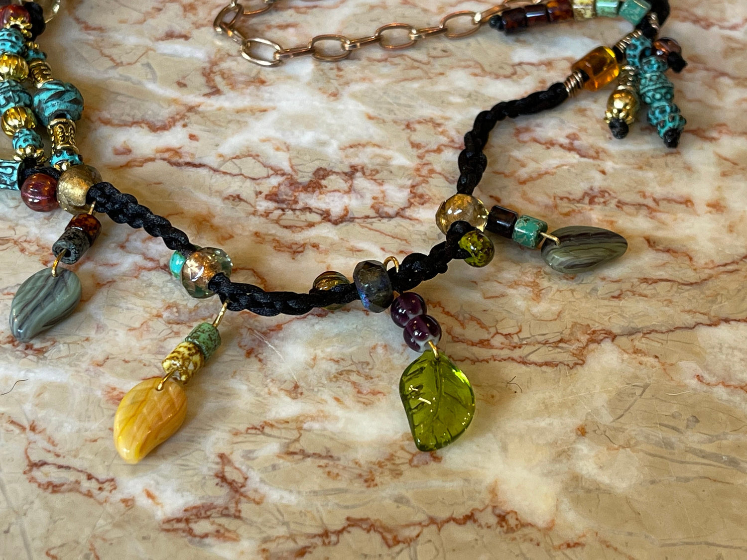 Alexander the Great genuine Greek coin pendant necklace, Czech glass leaves, copper beads (green patina) fire polished crystal, toggle clasp