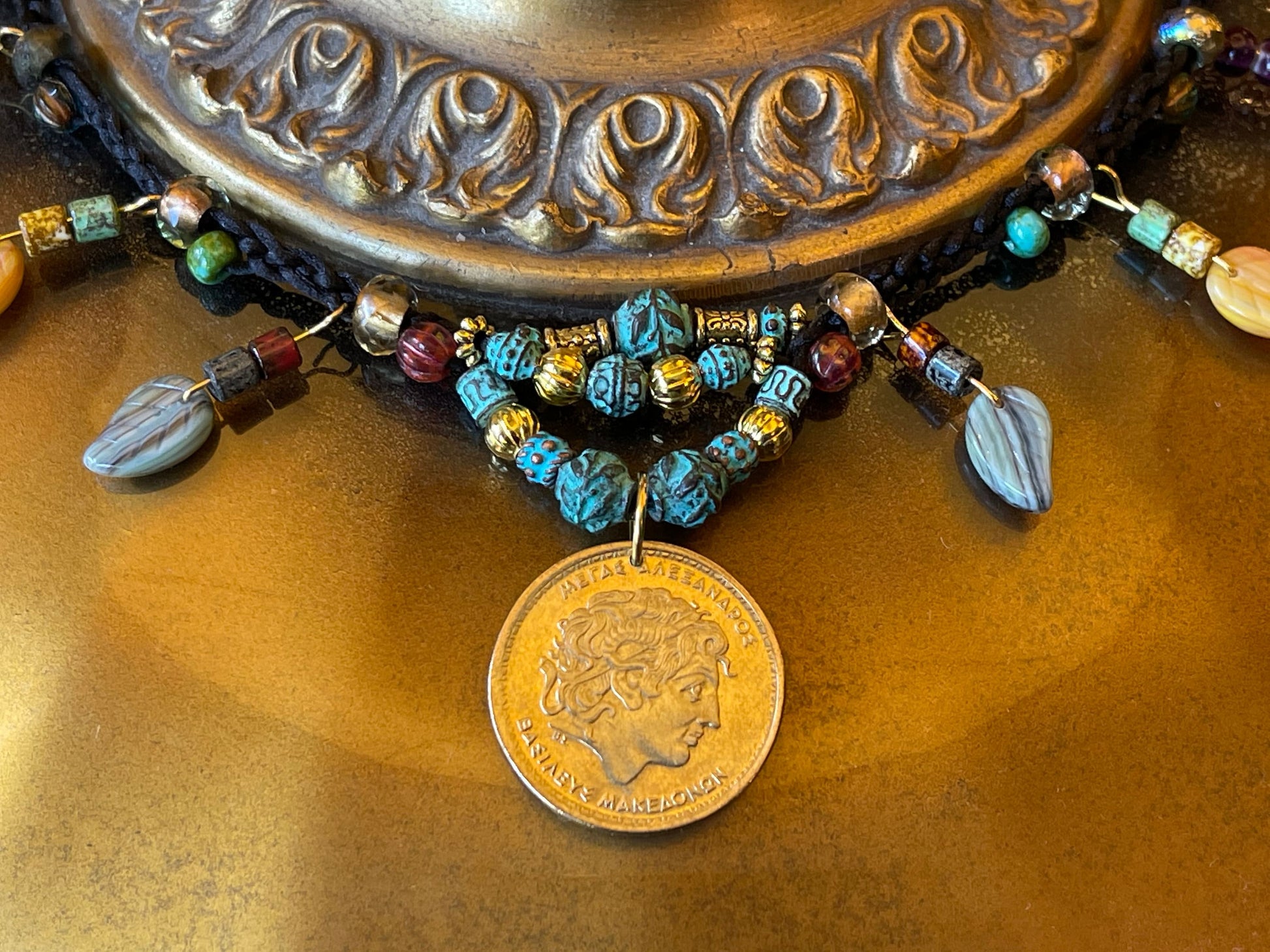 Alexander the Great genuine Greek coin pendant necklace, Czech glass leaves, copper beads (green patina) fire polished crystal, toggle clasp