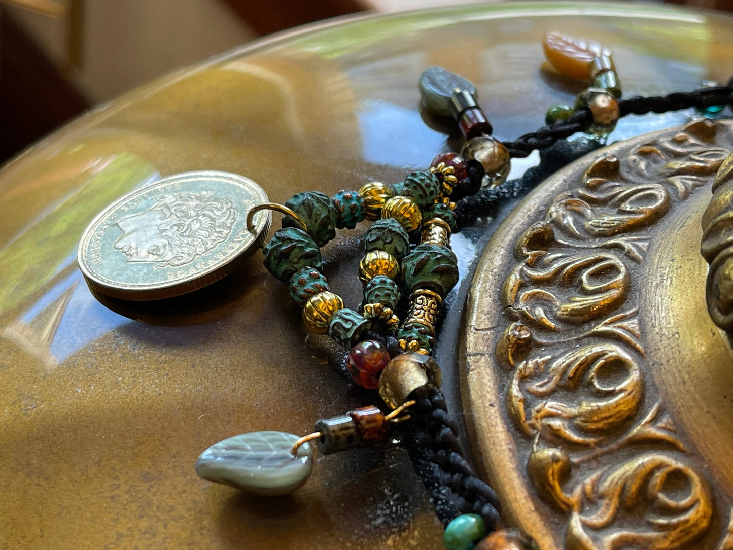 Alexander the Great genuine Greek coin pendant necklace, Czech glass leaves, copper beads (green patina) fire polished crystal, toggle clasp