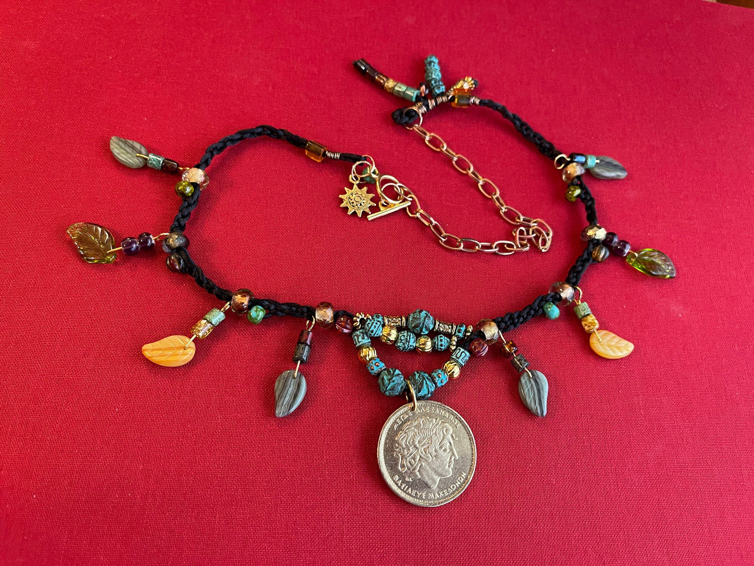 Alexander the Great genuine Greek coin pendant necklace, Czech glass leaves, copper beads (green patina) fire polished crystal, toggle clasp