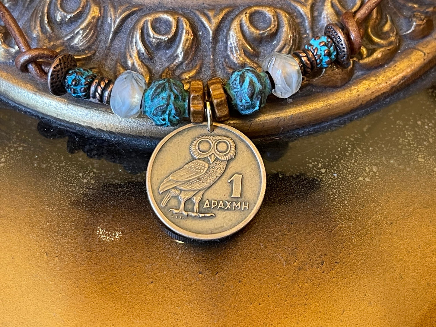 Owl of Athena authentic Greek coin pendant necklace, Czech fire polished crystal, copper beads (green patina), genuine leather, toggle clasp