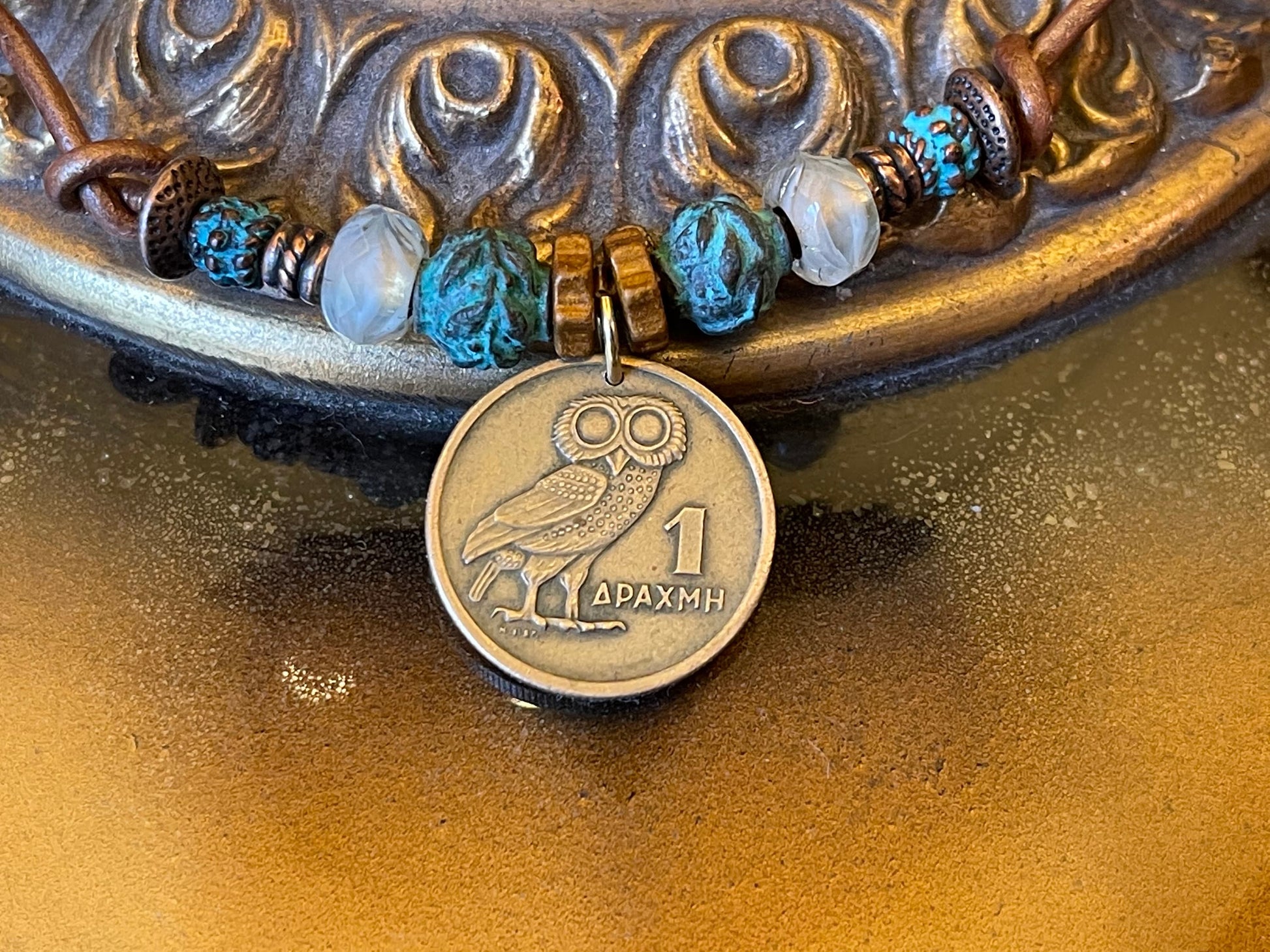 Owl of Athena authentic Greek coin pendant necklace, Czech fire polished crystal, copper beads (green patina), genuine leather, toggle clasp