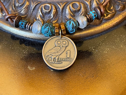 Owl of Athena authentic Greek coin pendant necklace, Czech fire polished crystal, copper beads (green patina), genuine leather, toggle clasp
