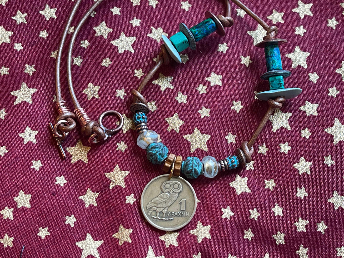 Owl of Athena authentic Greek coin pendant necklace, Czech fire polished crystal, copper beads (green patina), genuine leather, toggle clasp