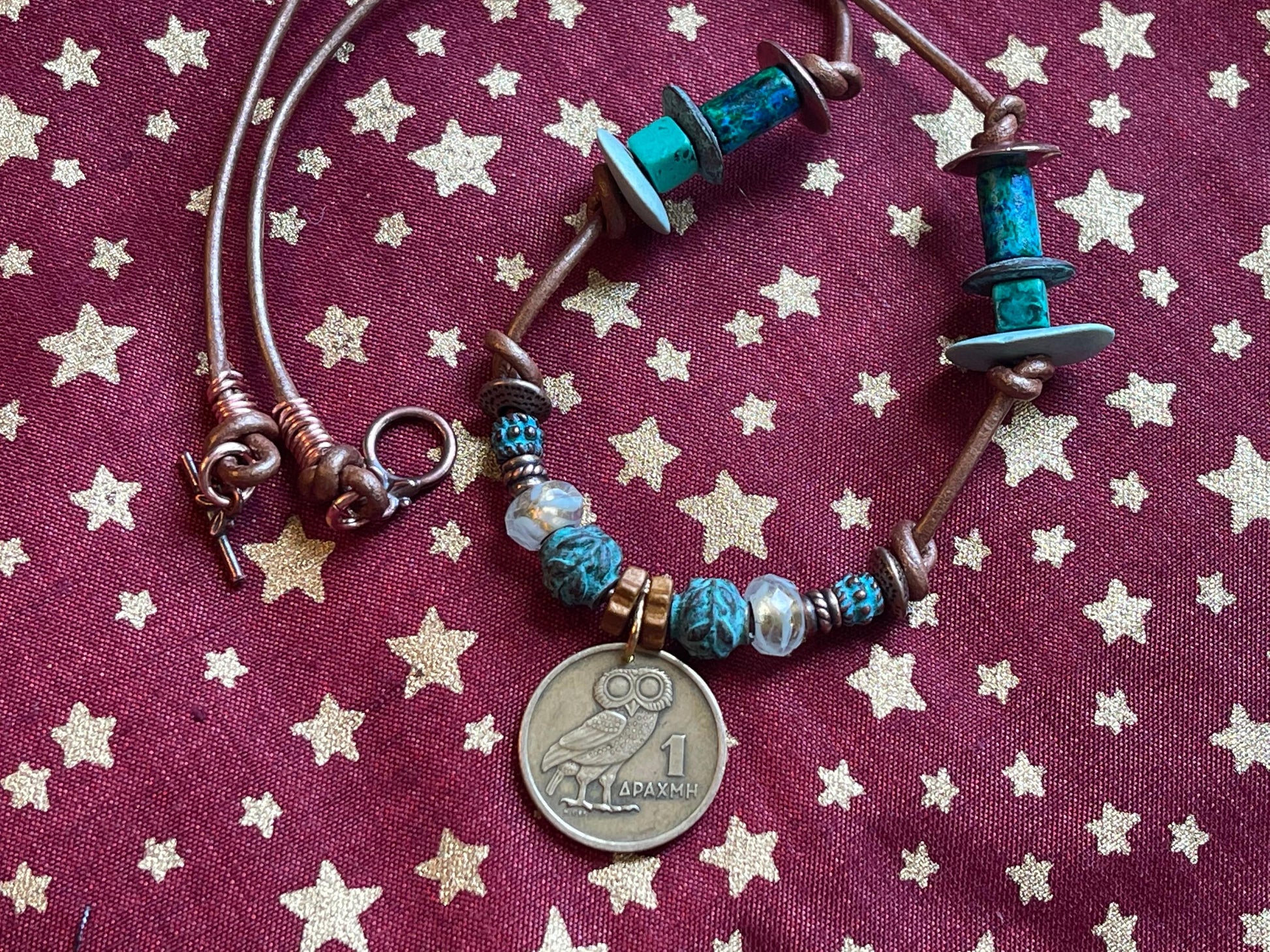 Owl of Athena authentic Greek coin pendant necklace, Czech fire polished crystal, copper beads (green patina), genuine leather, toggle clasp