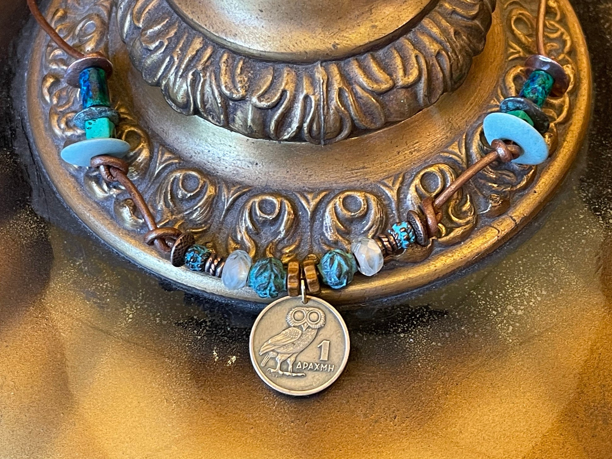 Owl of Athena authentic Greek coin pendant necklace, Czech fire polished crystal, copper beads (green patina), genuine leather, toggle clasp