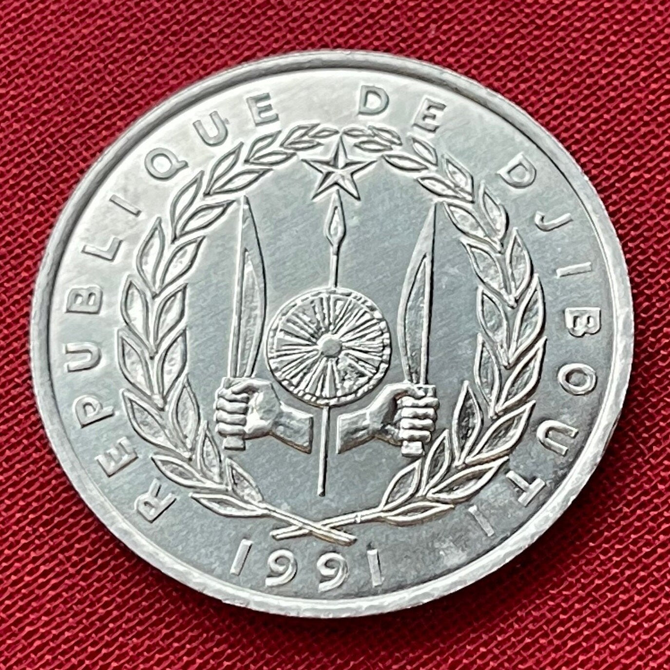 Nile Lechwe Antelope & Jile Daggers of Afar and Issa Tribes 5 Francs Djibouti Authentic Coin Money for Jewelry (Unity Equality Peace)