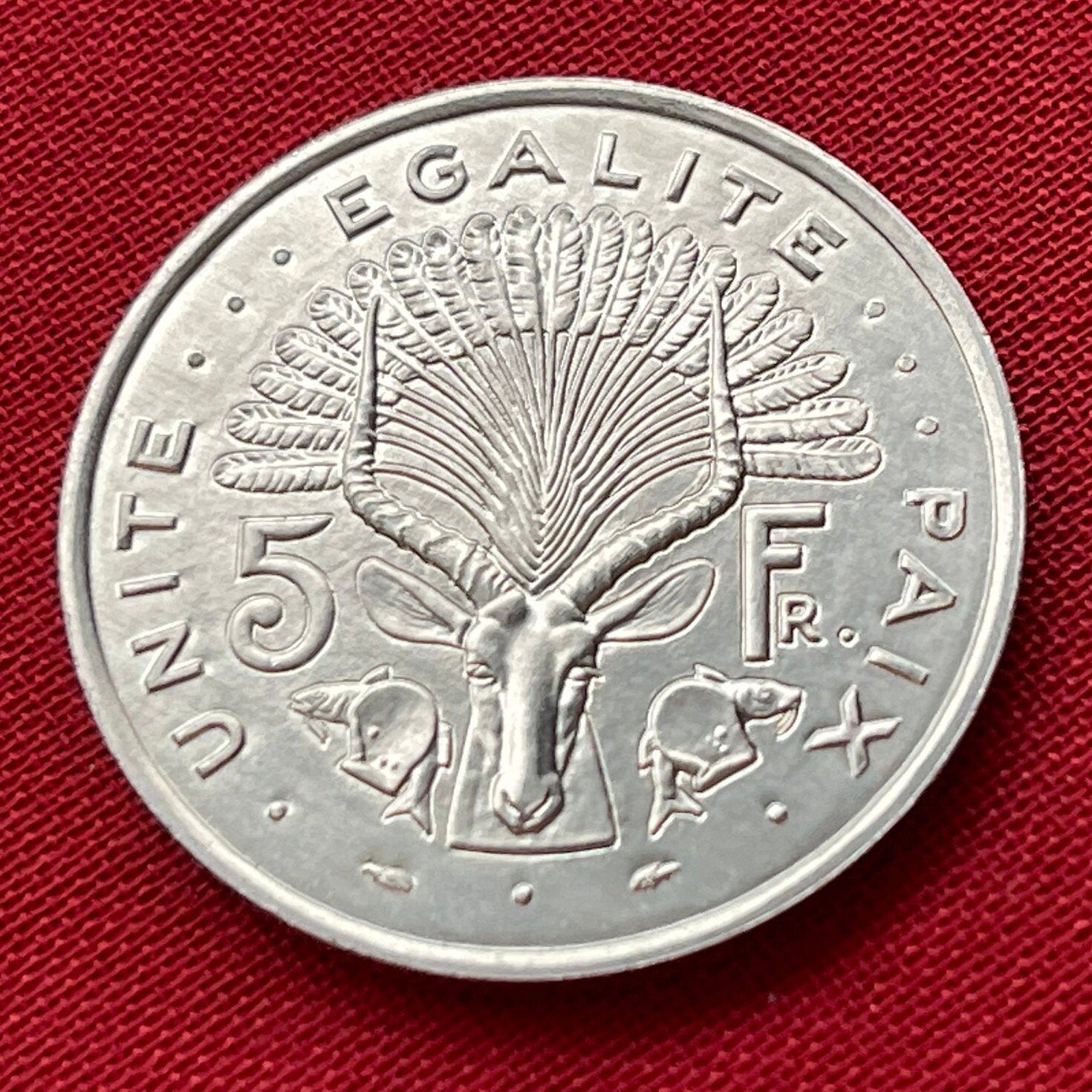 Nile Lechwe Antelope & Jile Daggers of Afar and Issa Tribes 5 Francs Djibouti Authentic Coin Money for Jewelry (Unity Equality Peace)