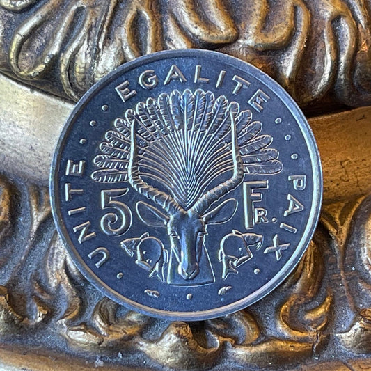 Nile Lechwe Antelope & Jile Daggers of Afar and Issa Tribes 5 Francs Djibouti Authentic Coin Money for Jewelry (Unity Equality Peace)