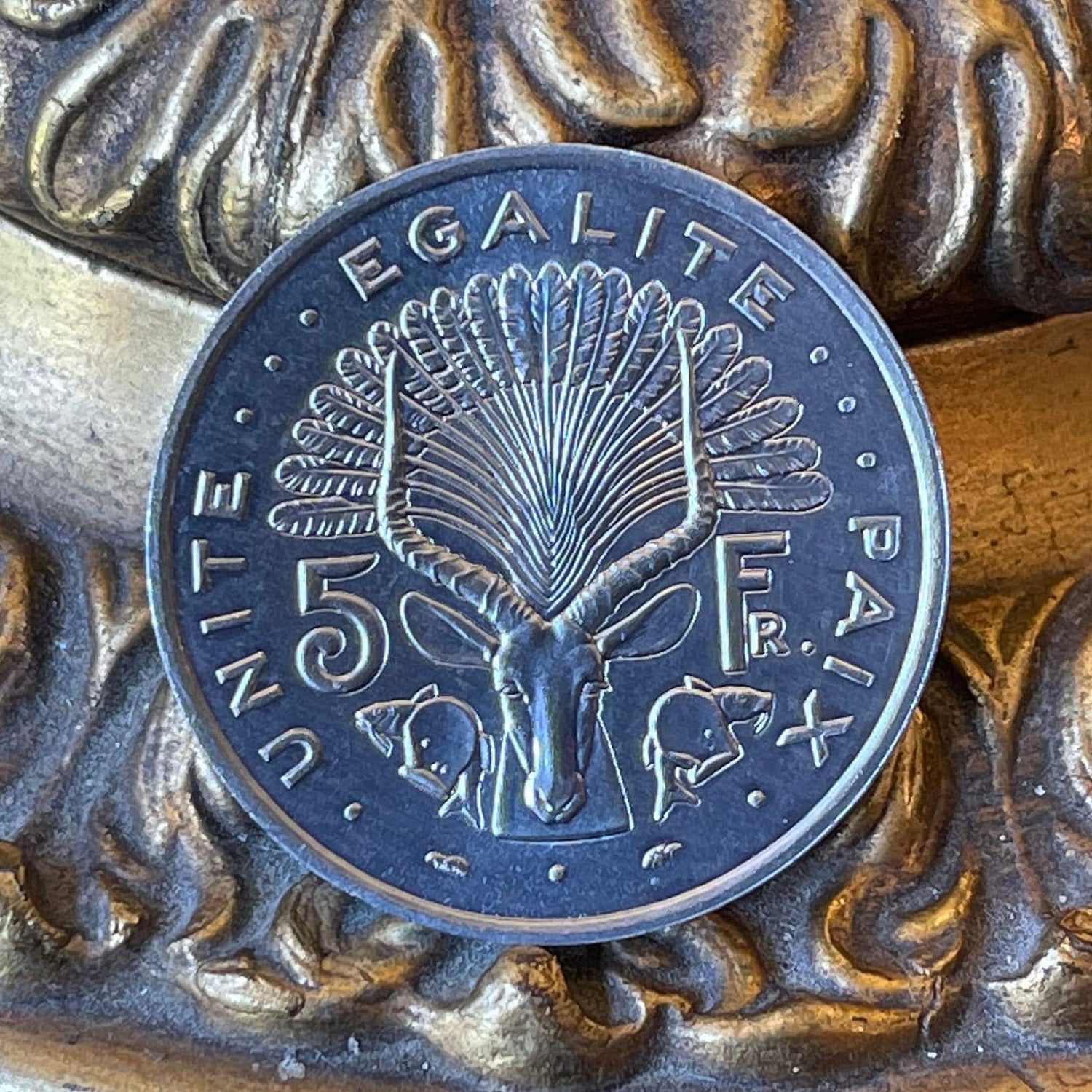Nile Lechwe Antelope & Jile Daggers of Afar and Issa Tribes 5 Francs Djibouti Authentic Coin Money for Jewelry (Unity Equality Peace)