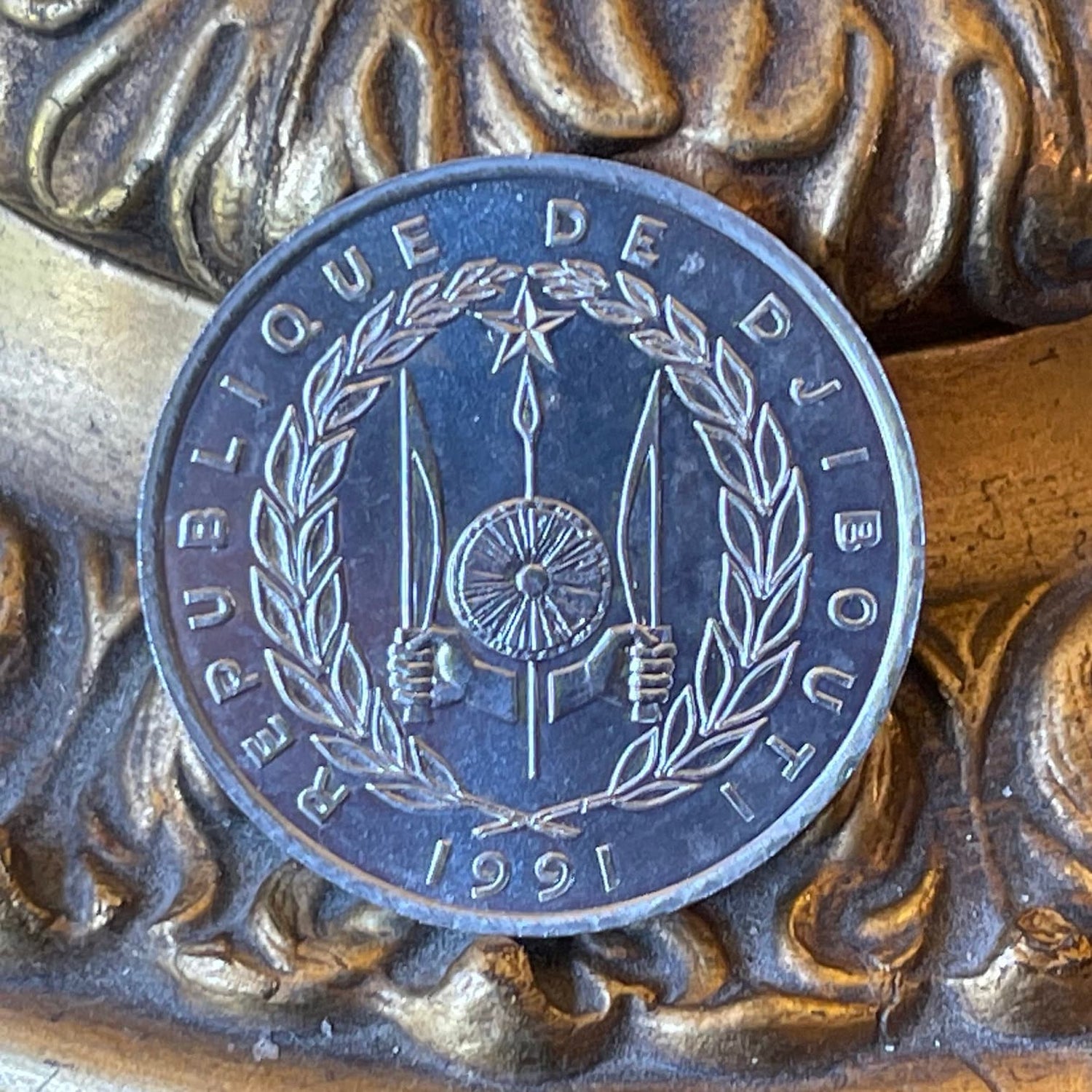 Nile Lechwe Antelope & Jile Daggers of Afar and Issa Tribes 5 Francs Djibouti Authentic Coin Money for Jewelry (Unity Equality Peace)