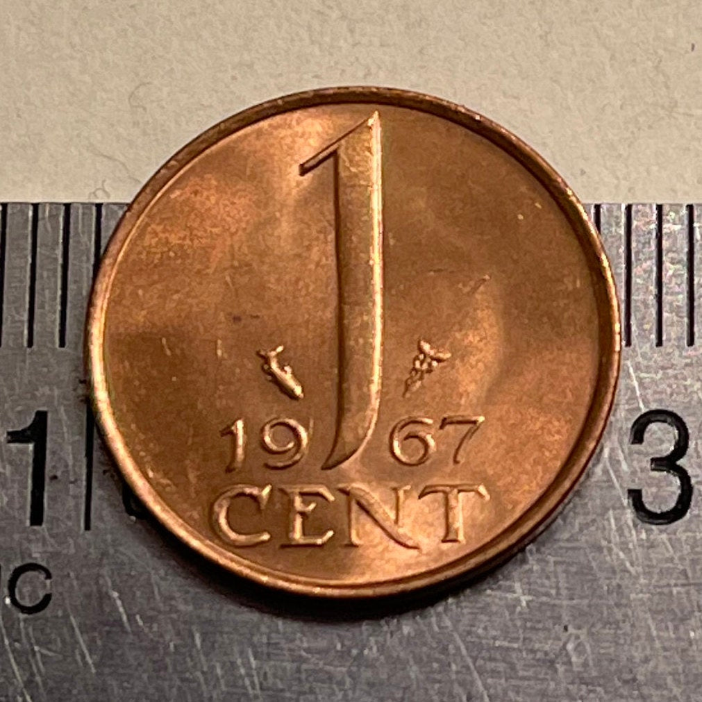Queen Juliana 1 Cent Netherlands Authentic Coin Money for Jewelry and Craft Making (Staff of Mercury)