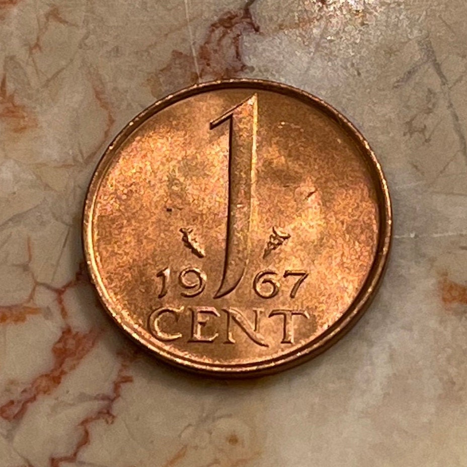 Queen Juliana 1 Cent Netherlands Authentic Coin Money for Jewelry and Craft Making (Staff of Mercury)