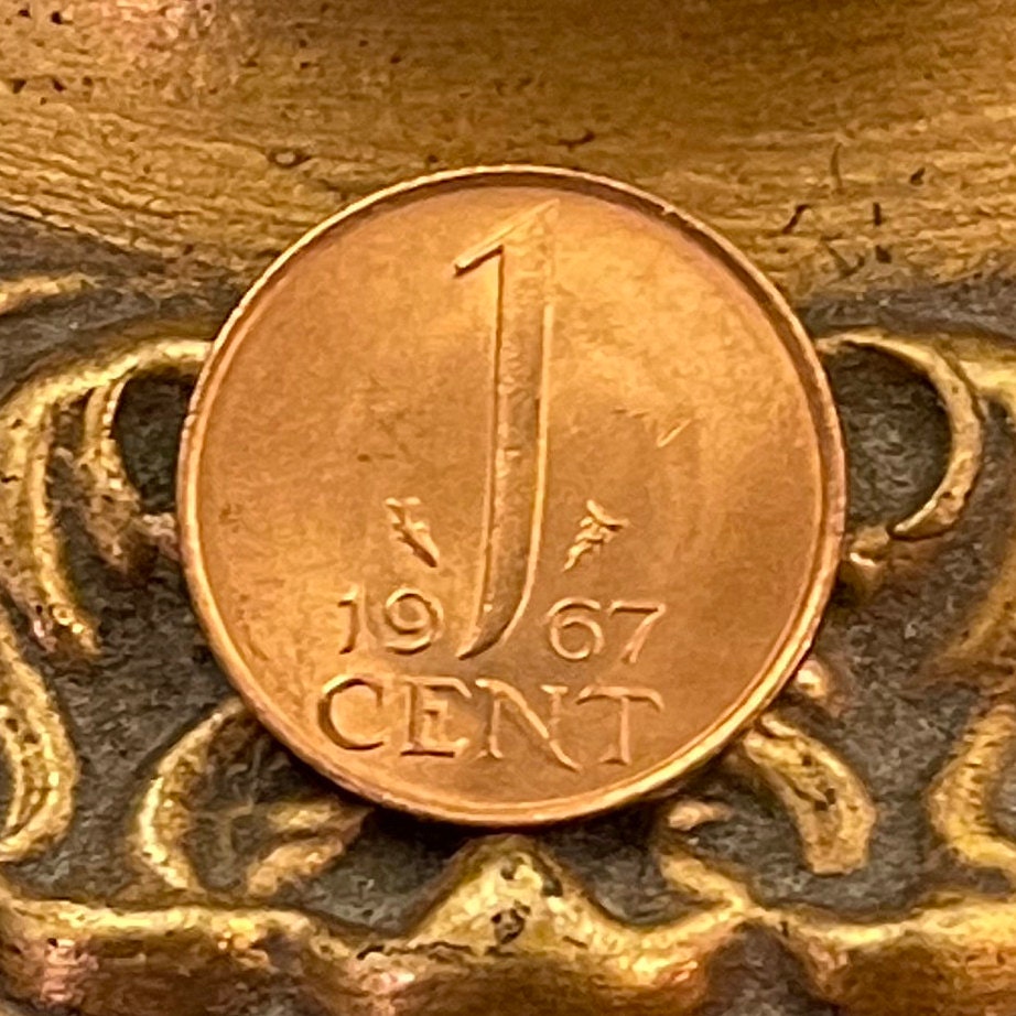Queen Juliana 1 Cent Netherlands Authentic Coin Money for Jewelry and Craft Making (Staff of Mercury)