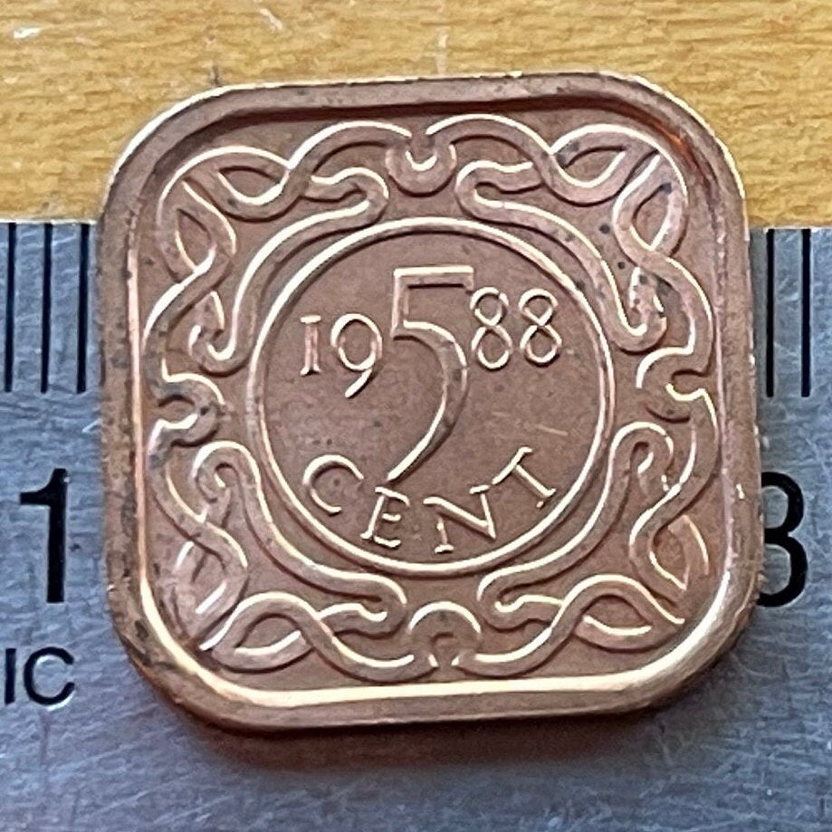 Colonial Trade Ship, Arawak Indigenous Men, Royal Palm 5 Cents Suriname Authentic Square Coin Money for Jewelry (Colonialism)