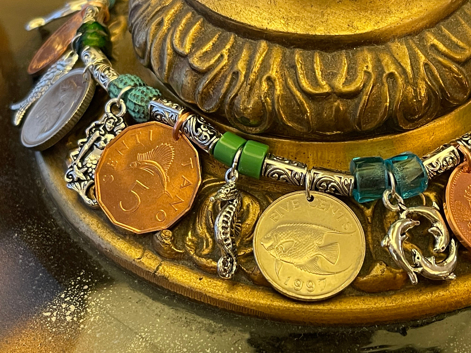Mermaid fish chunky charm bracelet with genuine world coins, angelfish, narwhal, salmon, lionfish, sailfish, seahorse, fire-polished crystal