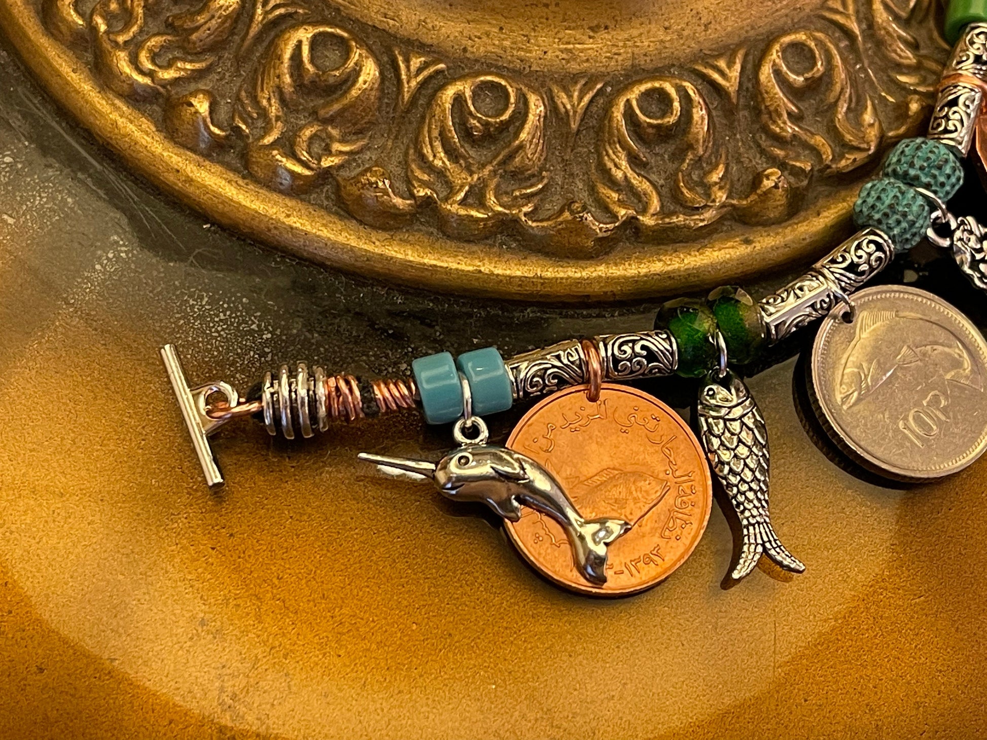 Mermaid fish chunky charm bracelet with genuine world coins, angelfish, narwhal, salmon, lionfish, sailfish, seahorse, fire-polished crystal