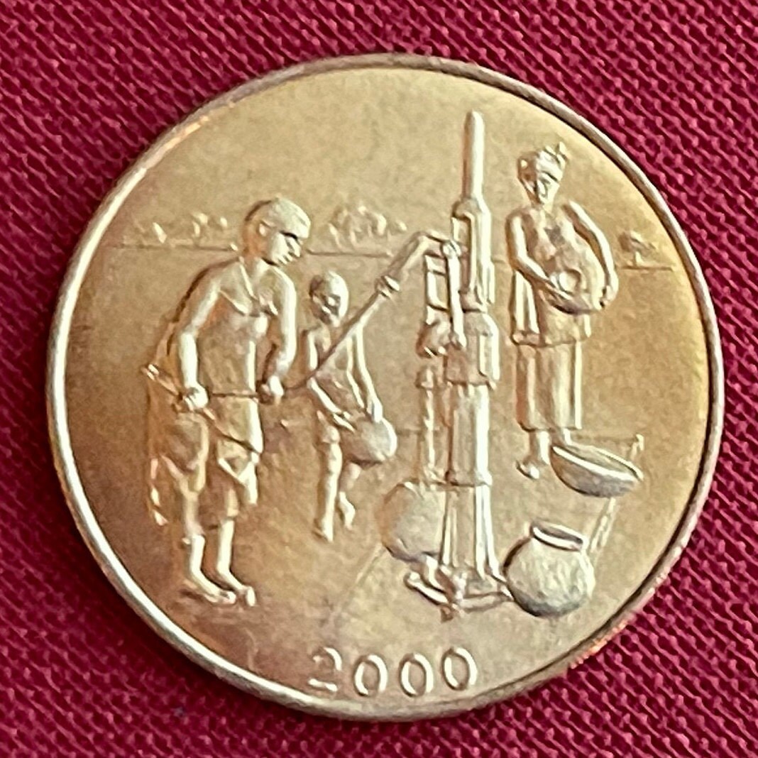 Human Right to Water: Women at Hand-Pump Well & Akan Sawfish Goldweight 10 CFA Francs West African States Authentic Coin Money for Jewelry