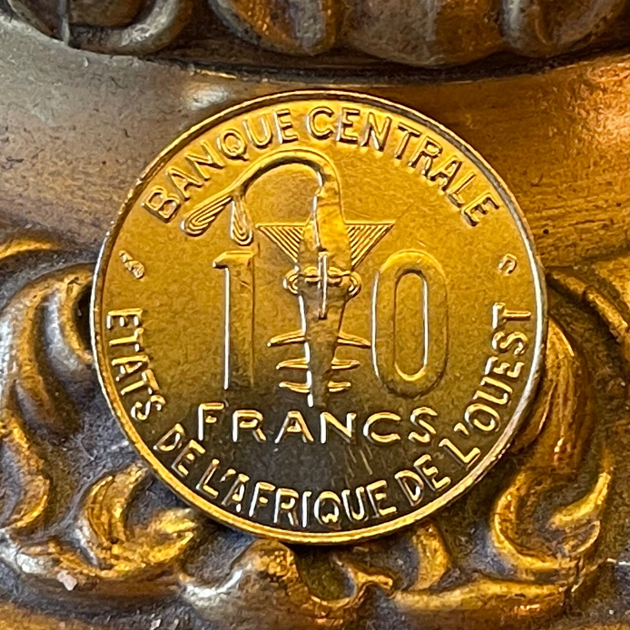 Human Right to Water: Women at Hand-Pump Well & Akan Sawfish Goldweight 10 CFA Francs West African States Authentic Coin Money for Jewelry