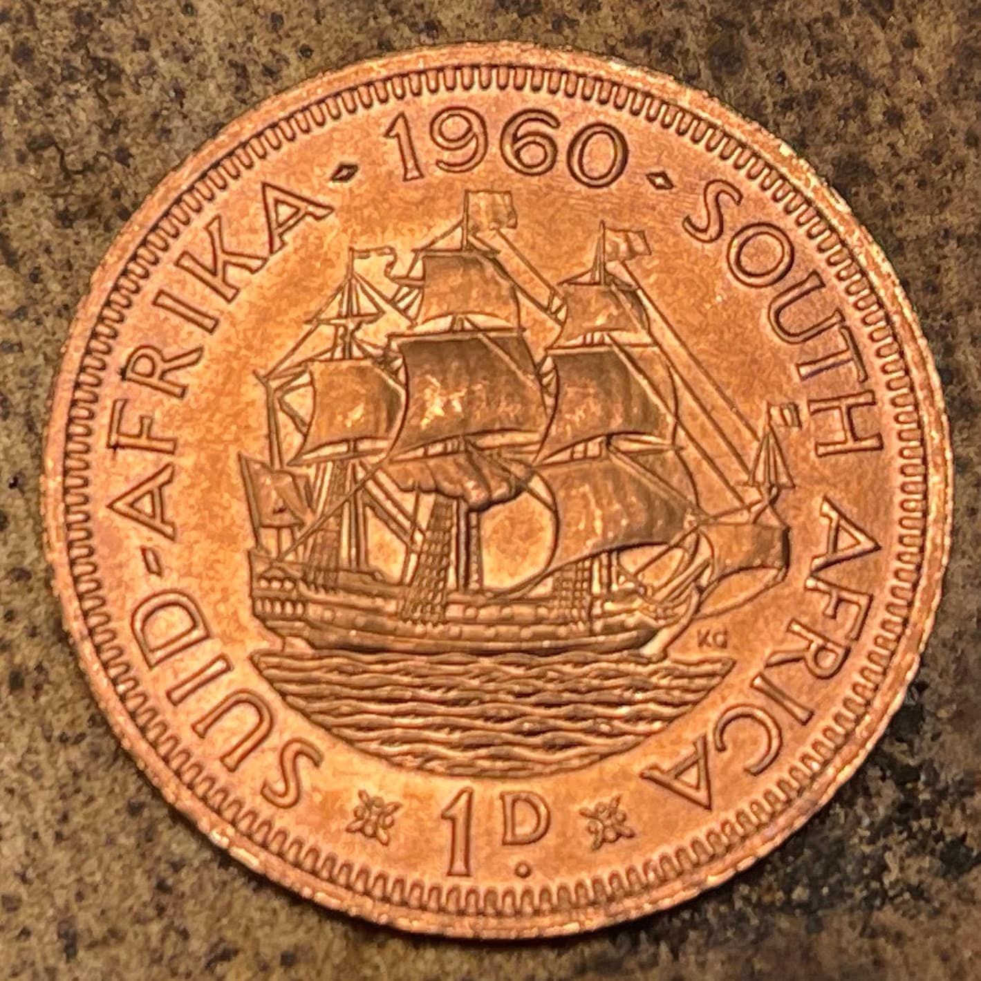 Drommedaris & Queen Elizabeth 1 Penny South Africa Authentic Coin Money for Jewelry (Jan van Riebeeck) (First Afrikaners) (Imperialism)