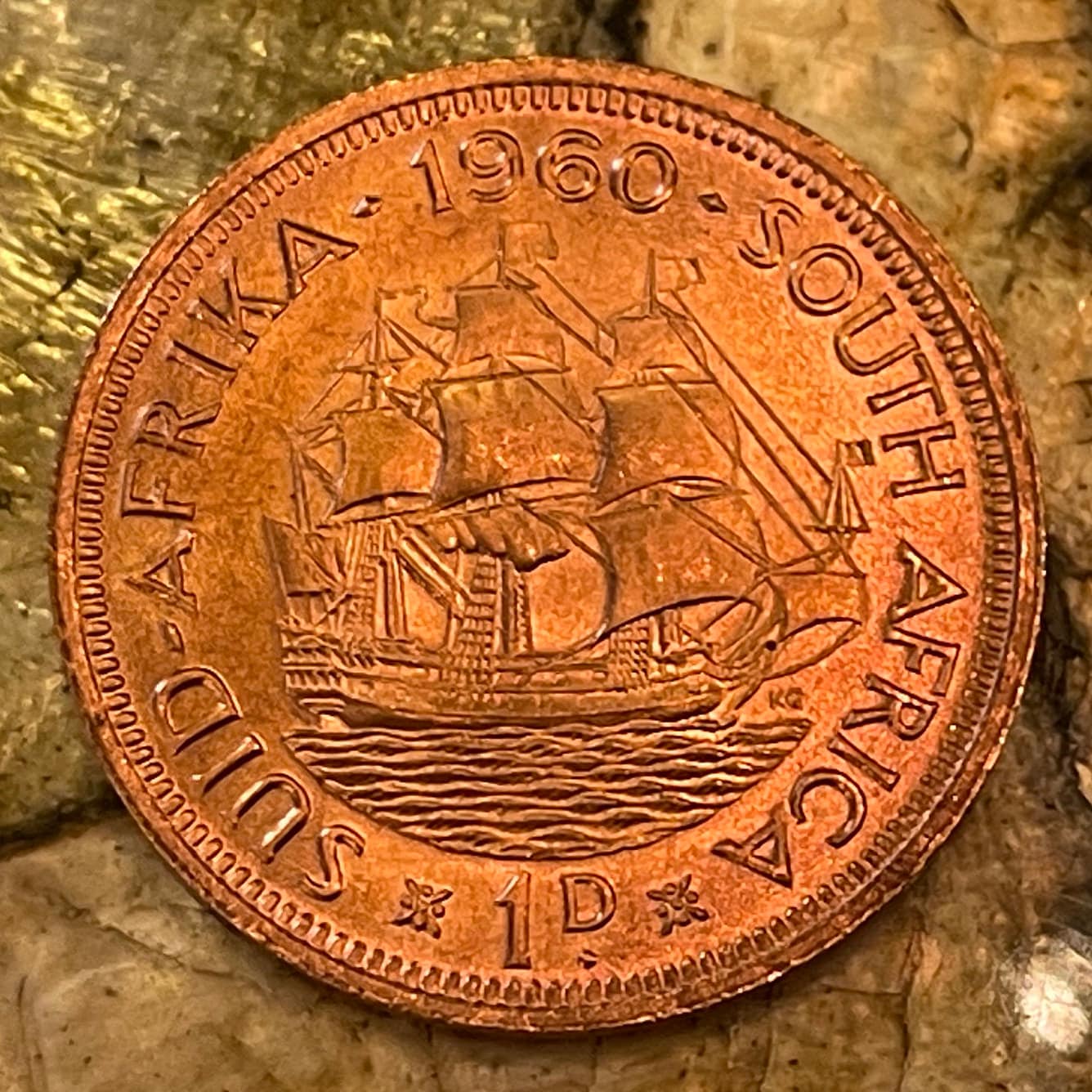 Drommedaris & Queen Elizabeth 1 Penny South Africa Authentic Coin Money for Jewelry (Jan van Riebeeck) (First Afrikaners) (Imperialism)