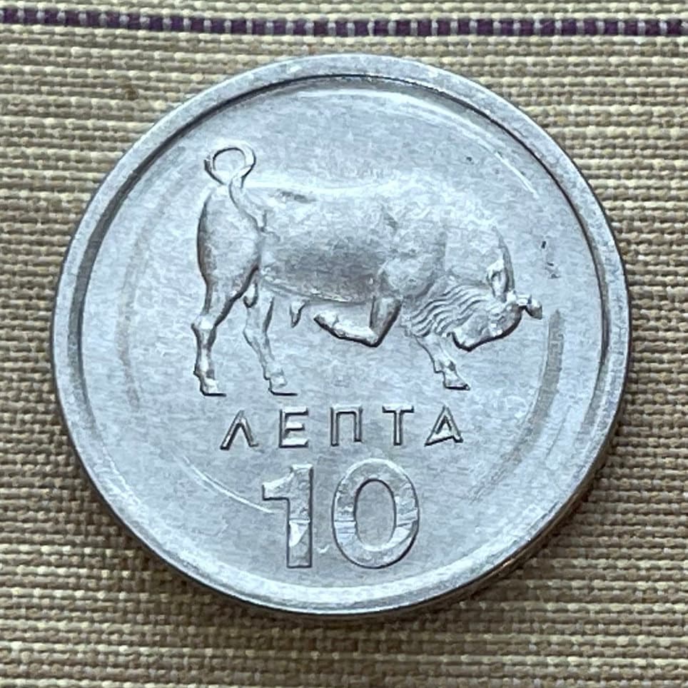 Charging Bull 10 Lepta Greece Authentic Coin Money for Jewelry and Craft Making (Taurus) (Bull-leaping) (Minoan Fresco) (Taureador Frescoes)