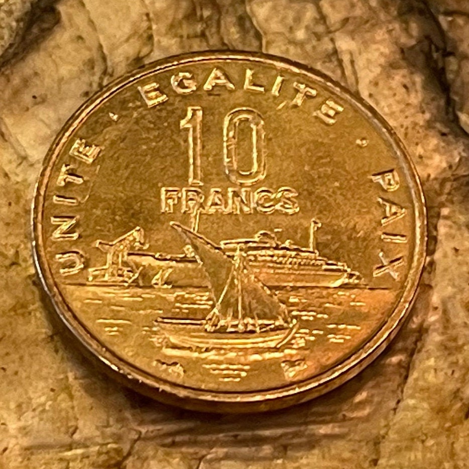Sailing Dhow and Ocean Liner in Harbor & Jile Daggers of Tribes 10 Francs Djibouti Authentic Coin Money for Jewelry (Unity Equality Peace)