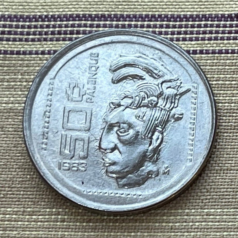 Ancient Astronaut Lord Pakal the Great & Eagle with Snake 50 Centavos Mexico Authentic Coin Money (Pacal) (Classic Maya) (1983) (Palenque)