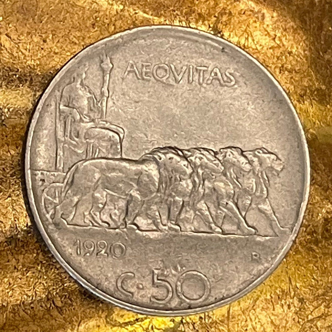 Goddess Aequitas in 4-Lion Chariot 50 Centesimi Italy Authentic Coin Money for Jewelry (King Vittorio Emanuele III) (Goddess of Equity)