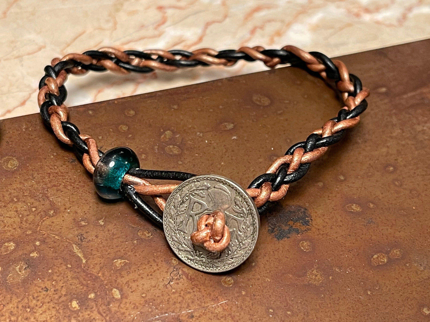 Fathers Day braided leather genuine world coin charm (ten centime French coin) bracelet Czech glass