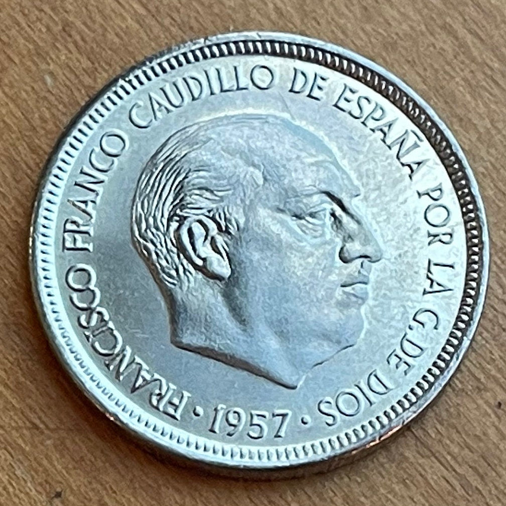 Francisco Franco & Eagle of Saint John  5 Pesetas Spain Authentic Coin Money for Jewelry (Eagle of the Evangelist) (John the Evangelist)