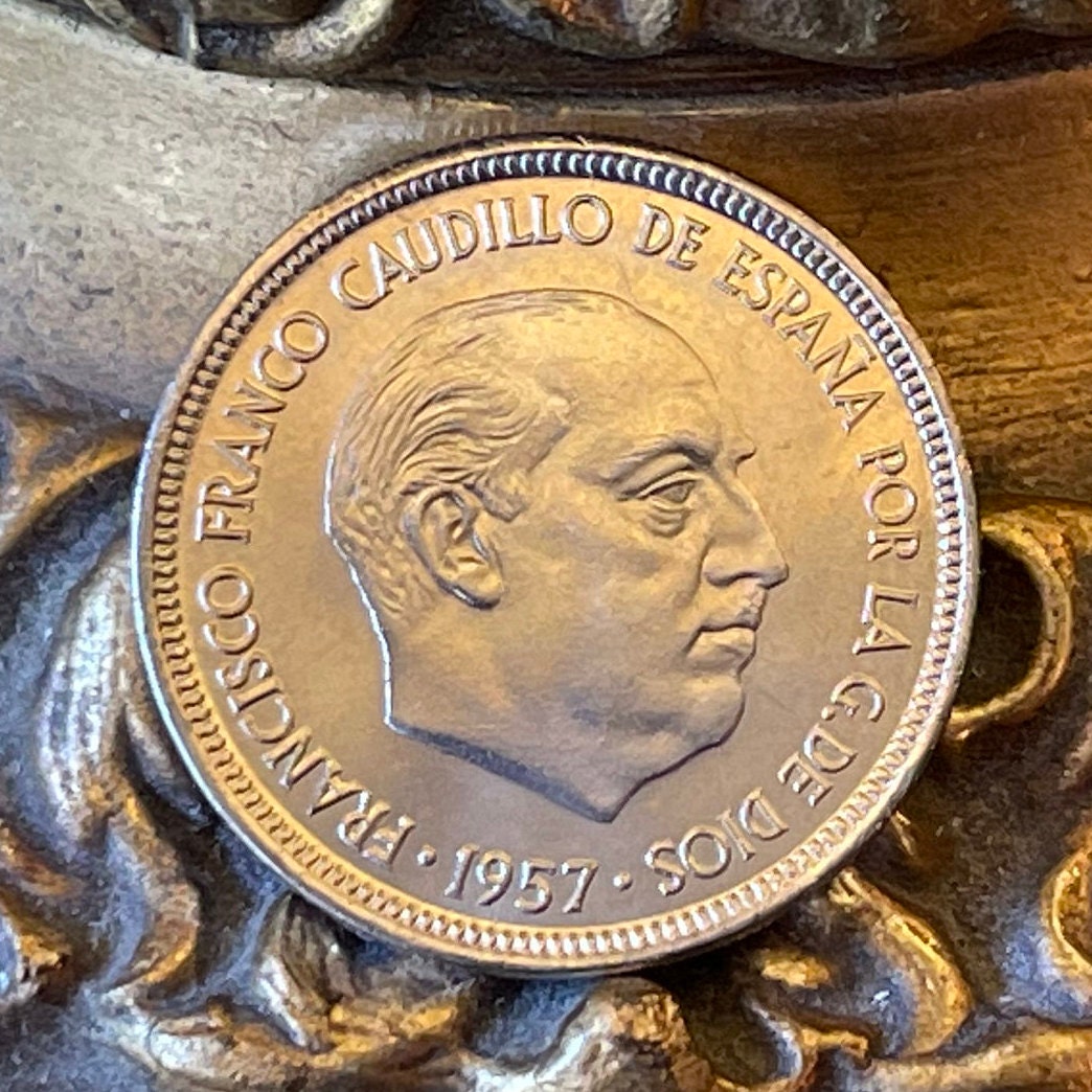 Francisco Franco & Eagle of Saint John  5 Pesetas Spain Authentic Coin Money for Jewelry (Eagle of the Evangelist) (John the Evangelist)