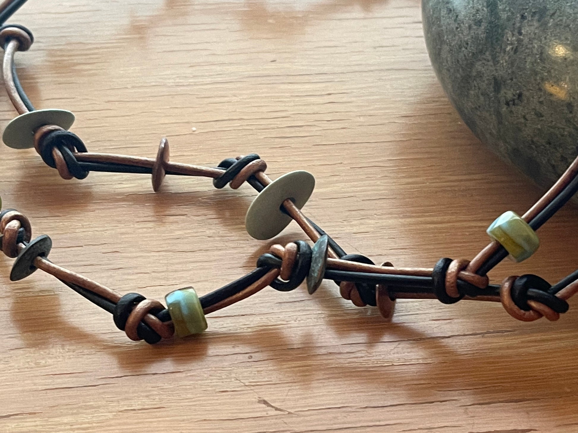Unisex handcrafted two-strand leather bracelet + necklace set with genuine 1930's French and Belgian coins and stylish beads