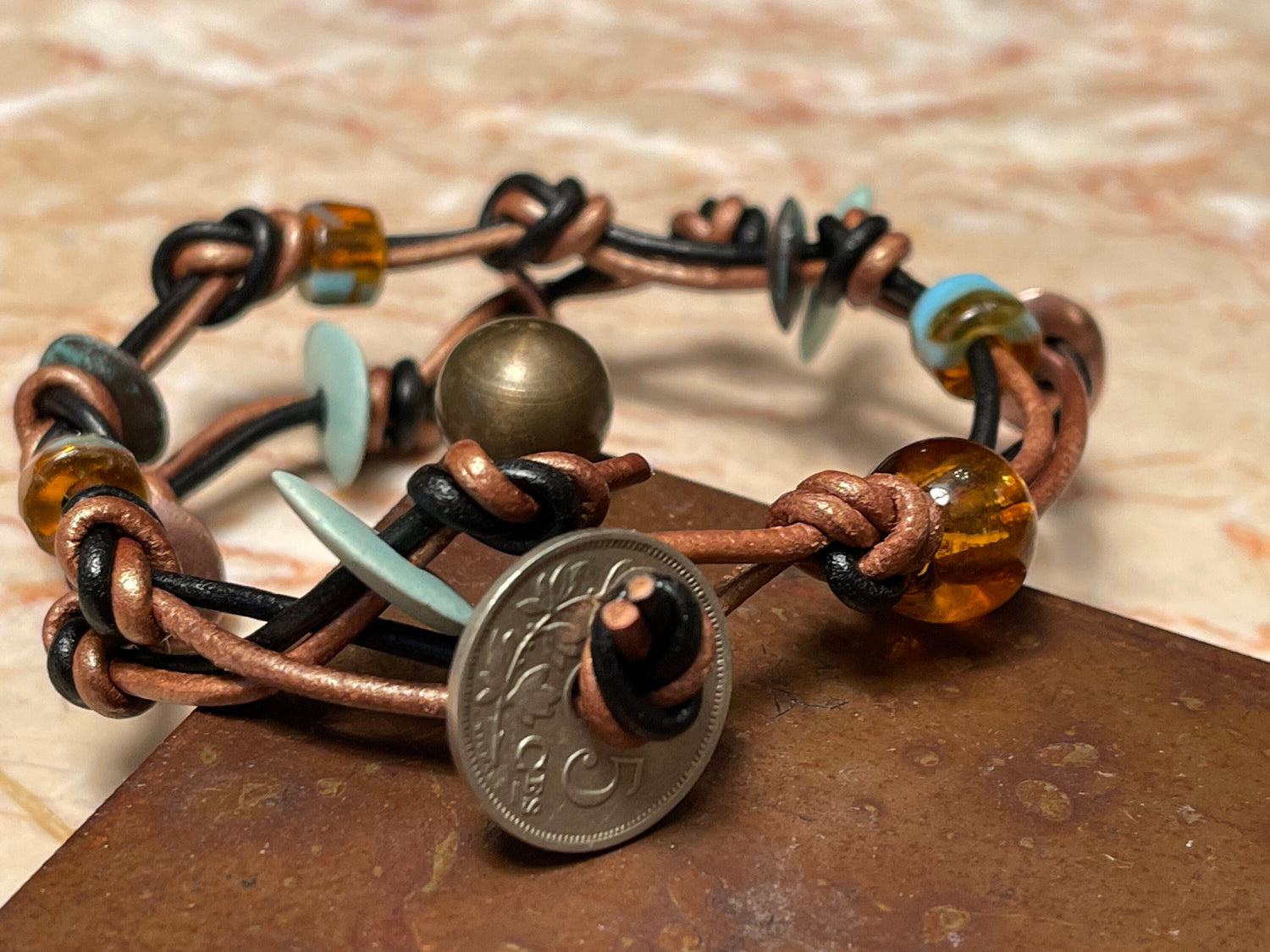 Unisex handcrafted two-strand leather bracelet + necklace set with genuine 1930's French and Belgian coins and stylish beads